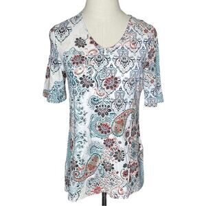 Chico’s Size Small Floral Paisley Print V-Neck Short Sleeve Tee